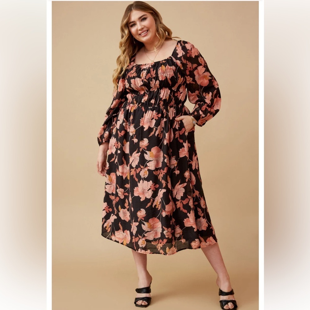 Romantic Floral Square Neck BOHO Modest Peasant Prairie  Smocked MIDI 
Dress